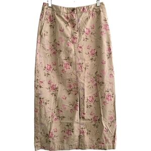 Eddie Bauer Cottagecore Denim Maxi Skirt Size 8 Roses Tan Pockets Fairy Garden